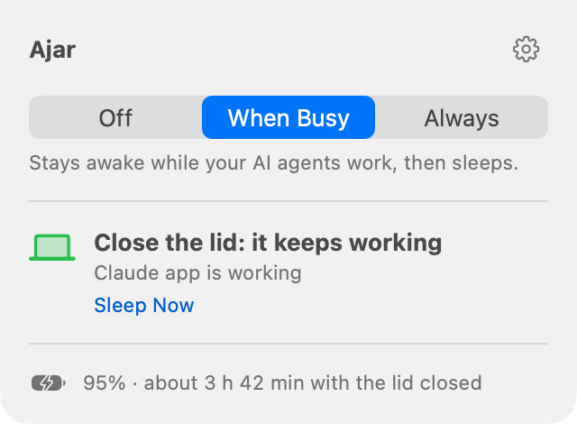 Ajar's menu: When Busy is selected, it says 'Close the lid: it keeps working', and the battery line reads 95%, about 3 hours 42 minutes with the lid closed